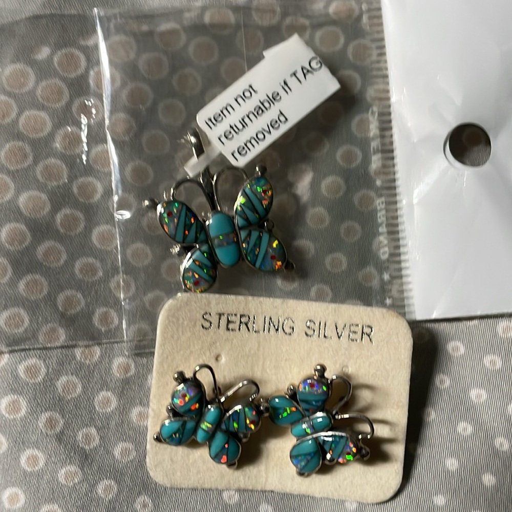 New turquoise butterfly earrings in sterling silver and pendant to match